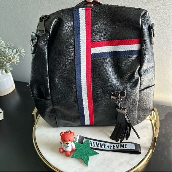 Faux Leather Black Convertible Backpack Bear Charm Work Travel Bag Overnight - Picture 5 of 11